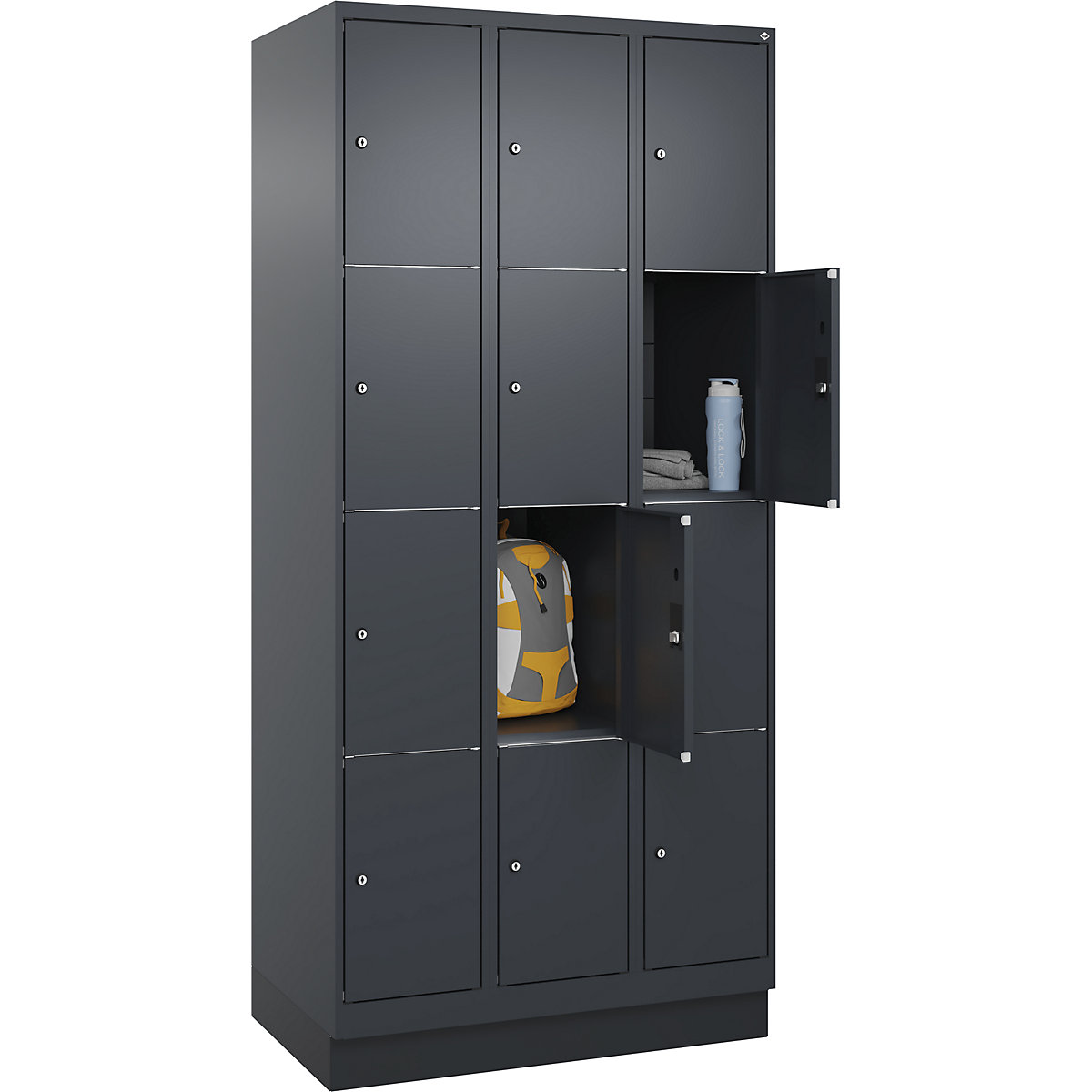 Armário de cacifos de 4 andares Classic PLUS – C+P, 3 compartimentos, cinzento, L 900 mm, 12 compartimentos, com rodapé-0