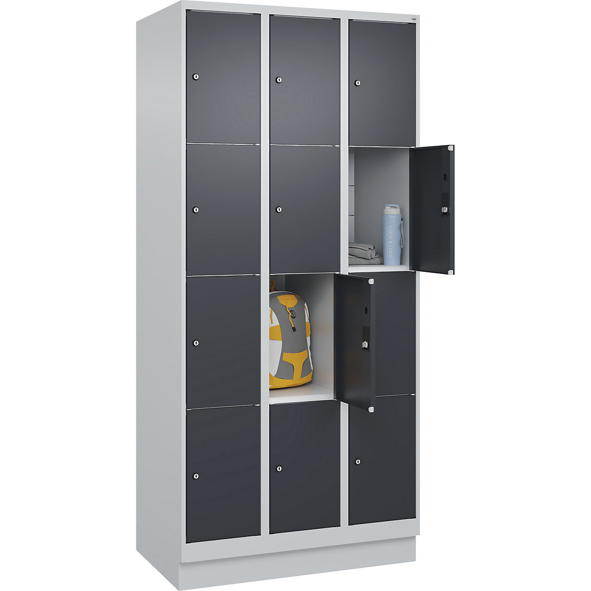 Armário de cacifos de 4 andares Classic PLUS – C+P, 3 compartimentos, cinzento claro/cinzento, L 900 mm, 12 compartimentos, com rodapé-0