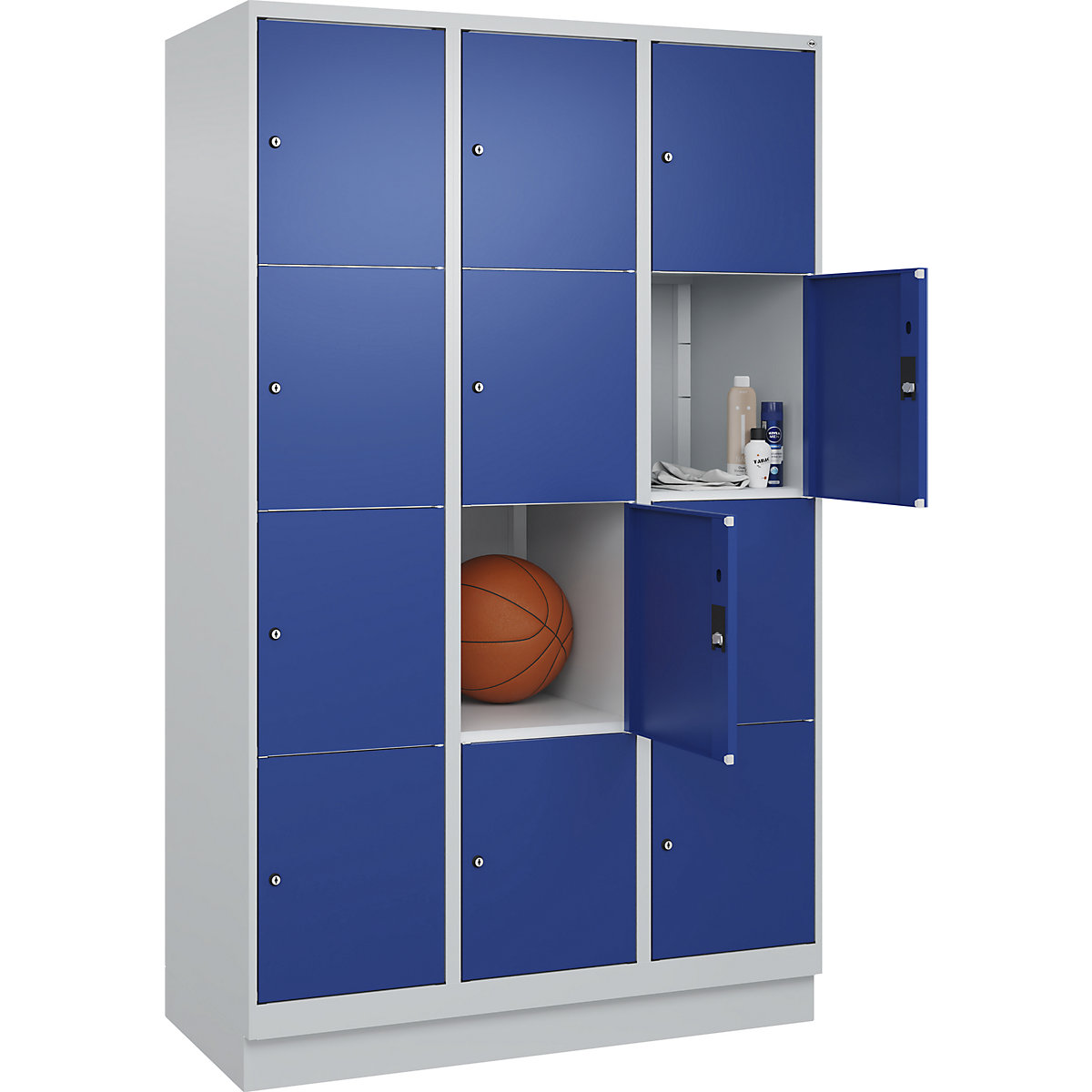 Armário de cacifos de 4 andares Classic PLUS – C+P, 3 compartimentos, cinzento claro/azul genciana, L 1200 mm, 12 compartimentos, com rodapé-0