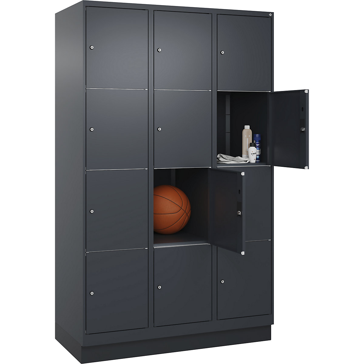 Armário de cacifos de 4 andares Classic PLUS – C+P, 3 compartimentos, cinzento, L 1200 mm, 12 compartimentos, com rodapé-0
