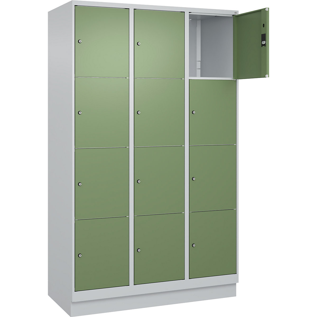 Armário de cacifos de 4 andares Classic PLUS – C+P, 3 compartimentos, cinzento claro/verde reseda, L 1200 mm, 12 compartimentos, com rodapé-0