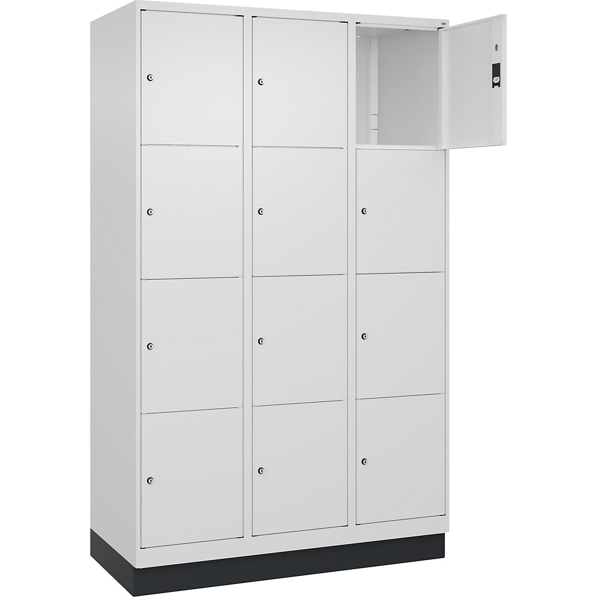 Armário de cacifos de 4 andares Classic PLUS – C+P, 3 compartimentos, branco trânsito, L 1200 mm, 12 compartimentos, com rodapé-0