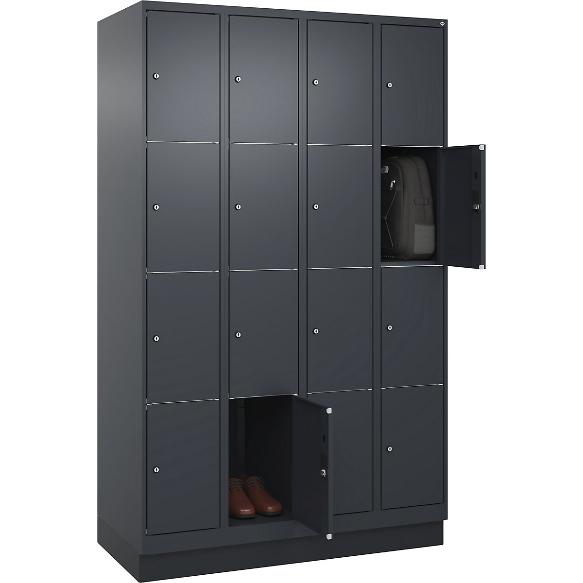 Armário de cacifos de 4 andares Classic PLUS – C+P, 4 compartimentos, cinzento, L 1200 mm, 16 compartimentos, com rodapé-0