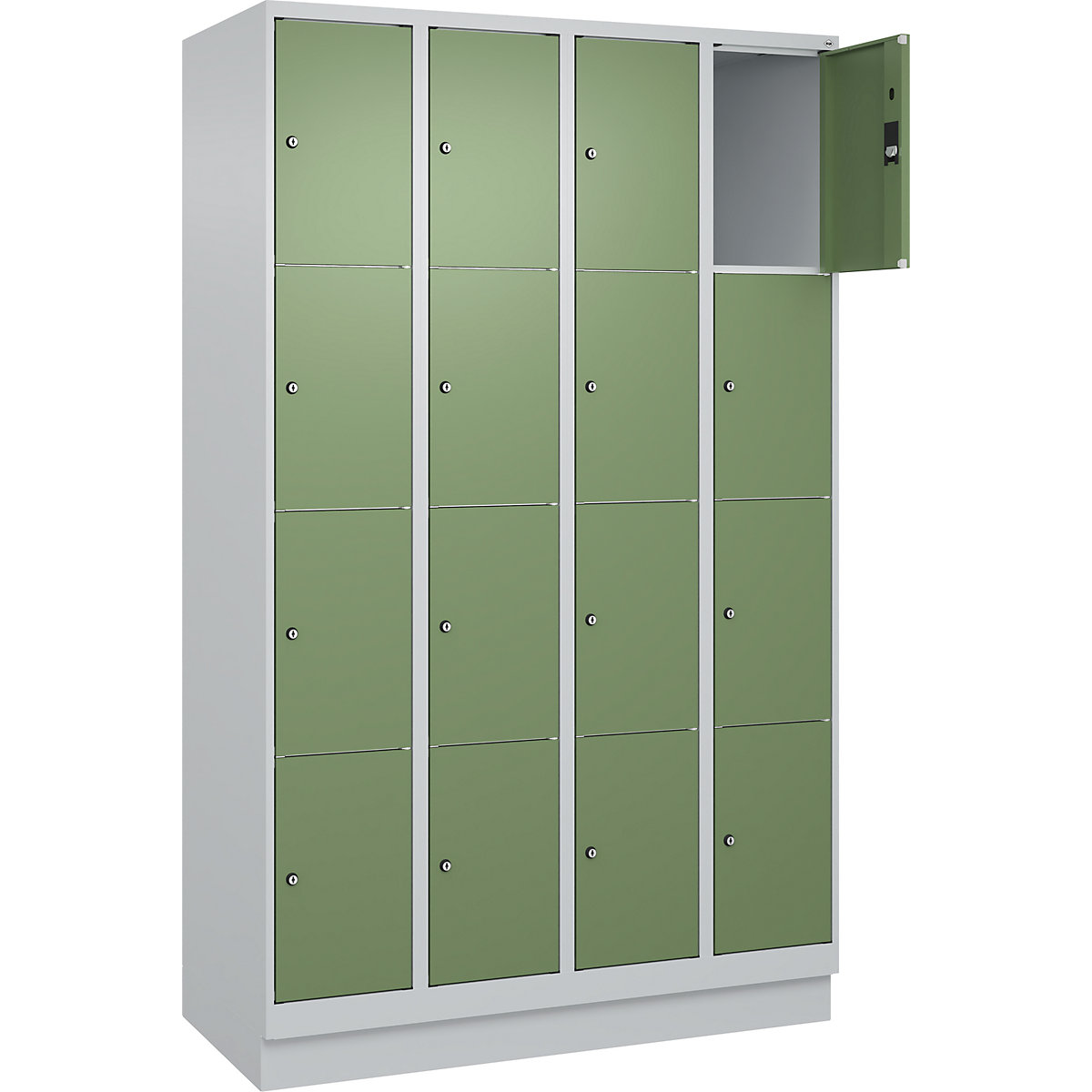 Armário de cacifos de 4 andares Classic PLUS – C+P, 4 compartimentos, cinzento claro/verde reseda, L 1200 mm, 16 compartimentos, com rodapé-0