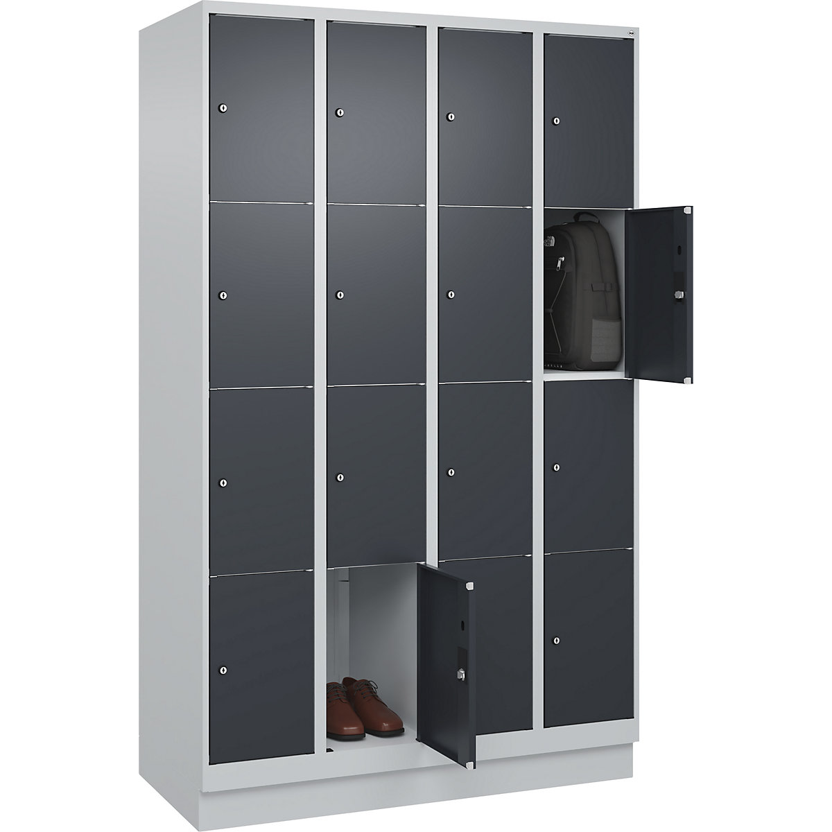 Armário de cacifos de 4 andares Classic PLUS – C+P, 4 compartimentos, cinzento claro/cinzento, L 1200 mm, 16 compartimentos, com rodapé-0