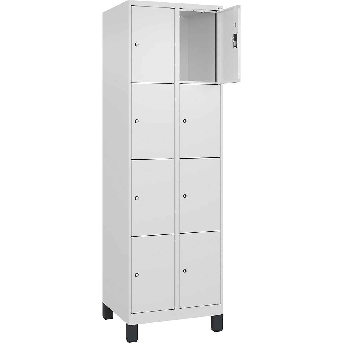 Armário de cacifos de 4 andares Evolo PLUS, 2 compartimentos, branco, L 600 mm, 8 compartimentos, com pés largos, fechadura de cilindro-0