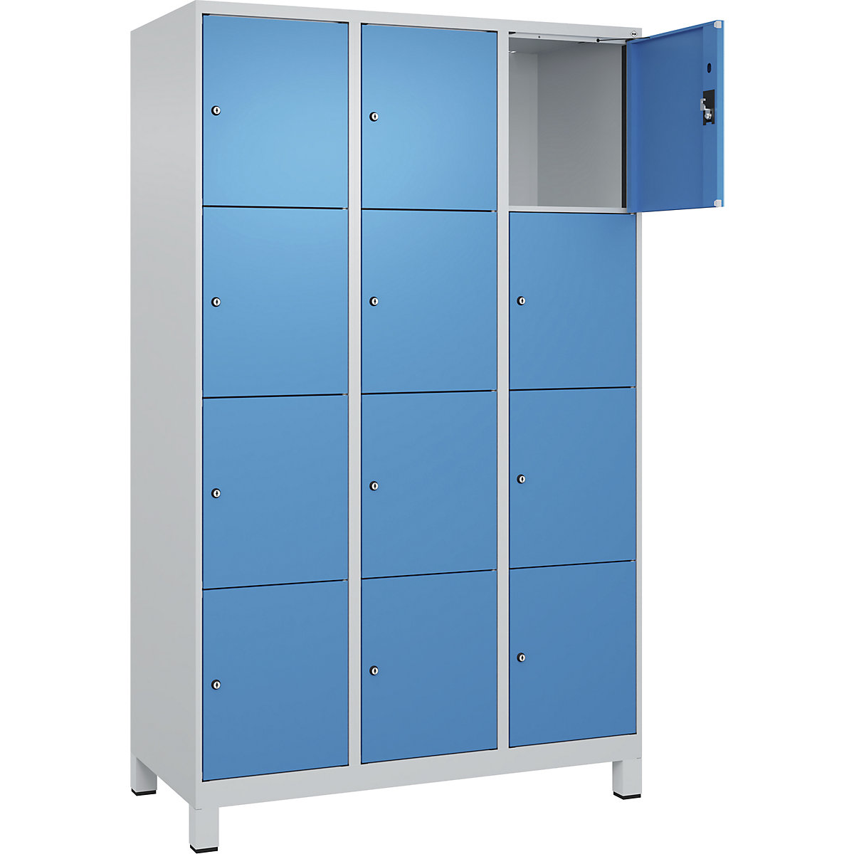 Armário de cacifos de 4 andares Evolo PLUS, 3 compartimentos, cinzento claro/azul claro, L 1200 mm, 12 compartimentos, com pés largos, fechadura de cilindro-0