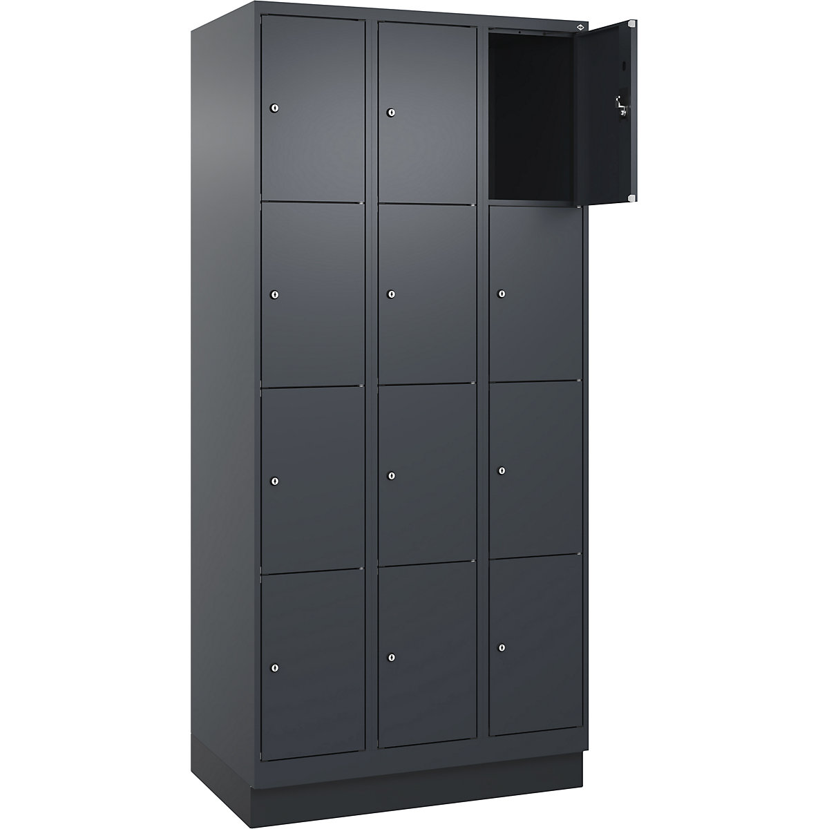 Armário de cacifos de 4 andares Evolo PLUS, 3 compartimentos, cinzento, L 900 mm, 12 compartimentos, com rodapé, fechadura de cilindro-0