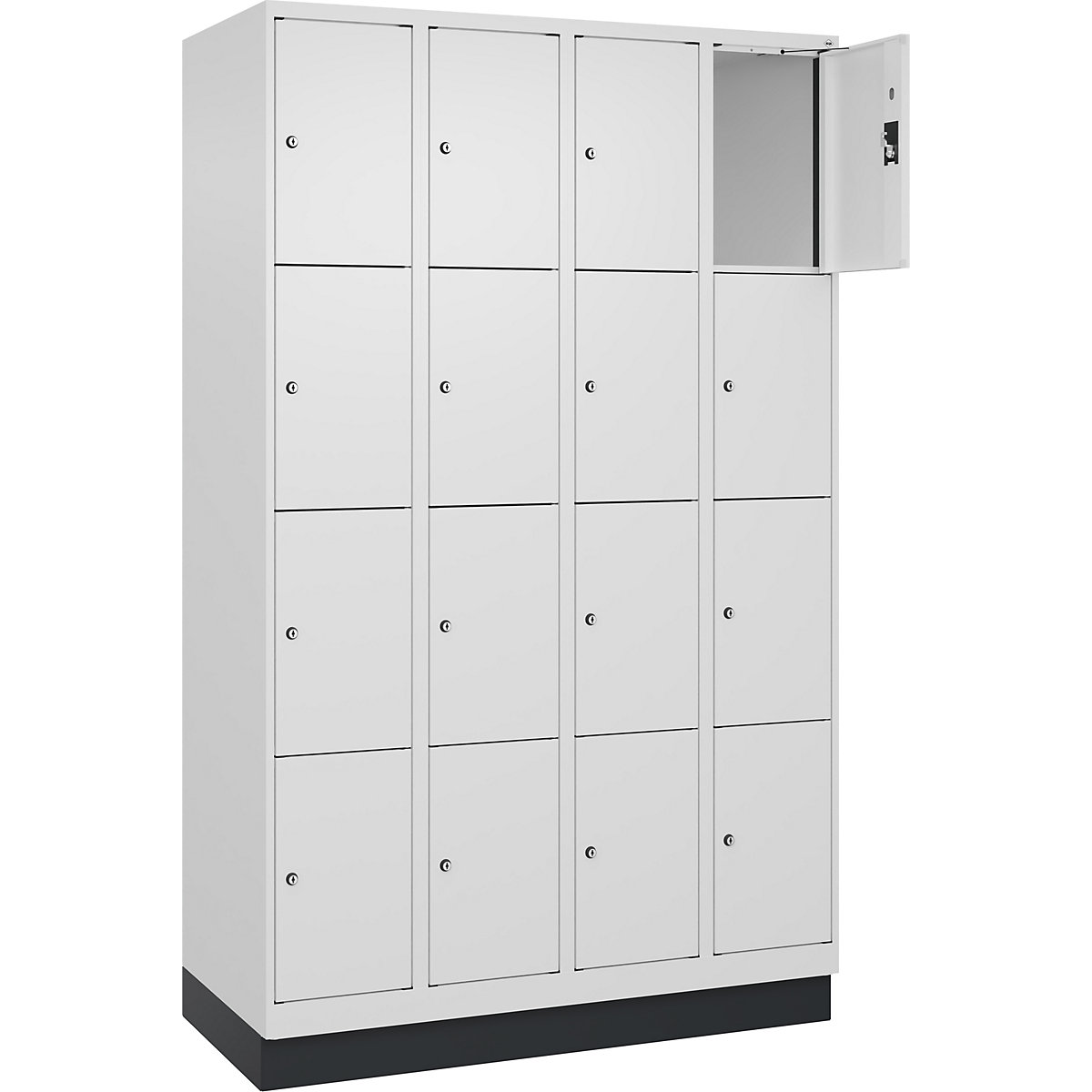 Armário de cacifos de 4 andares Evolo PLUS, 4 compartimentos, branco, L 1200 mm, 16 compartimentos, com rodapé, fechadura de cilindro-0