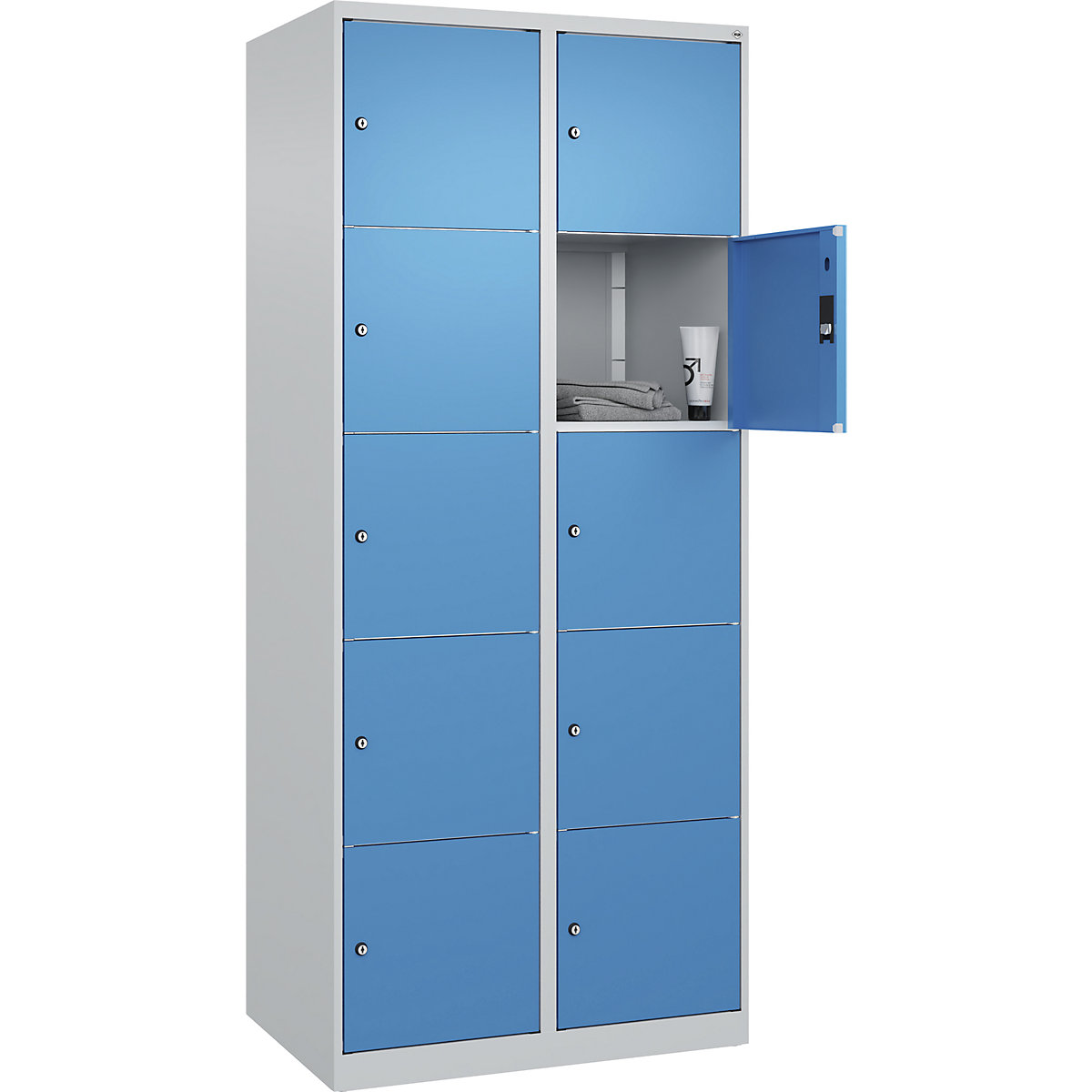 Armário de cacifos de 5 andares Classic PLUS – C+P, 2 compartimentos, cinzento claro/azul claro, L 800 mm, 10 compartimentos, com sapatas-0