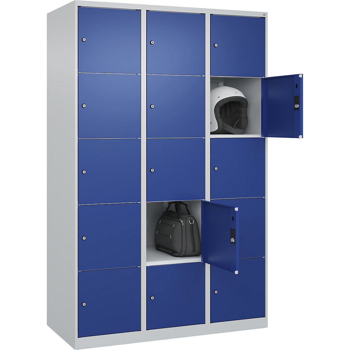 Armário de cacifos de 5 andares Classic PLUS – C+P, 3 compartimentos, cinzento claro/azul genciana, L 1200 mm, 15 compartimentos, com sapatas-0