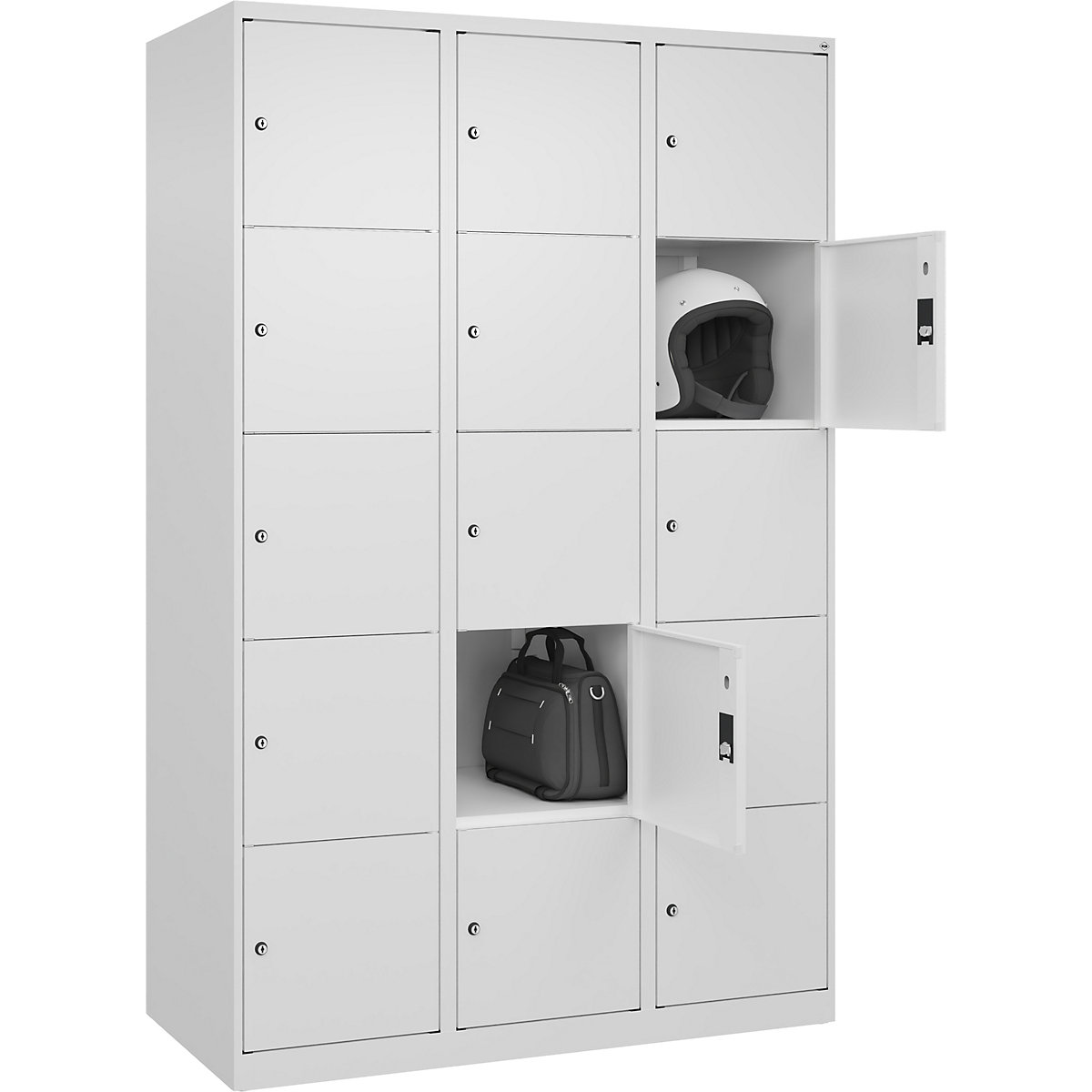 Armário de cacifos de 5 andares Classic PLUS – C+P, 3 compartimentos, branco trânsito, L 1200 mm, 15 compartimentos, com sapatas-0