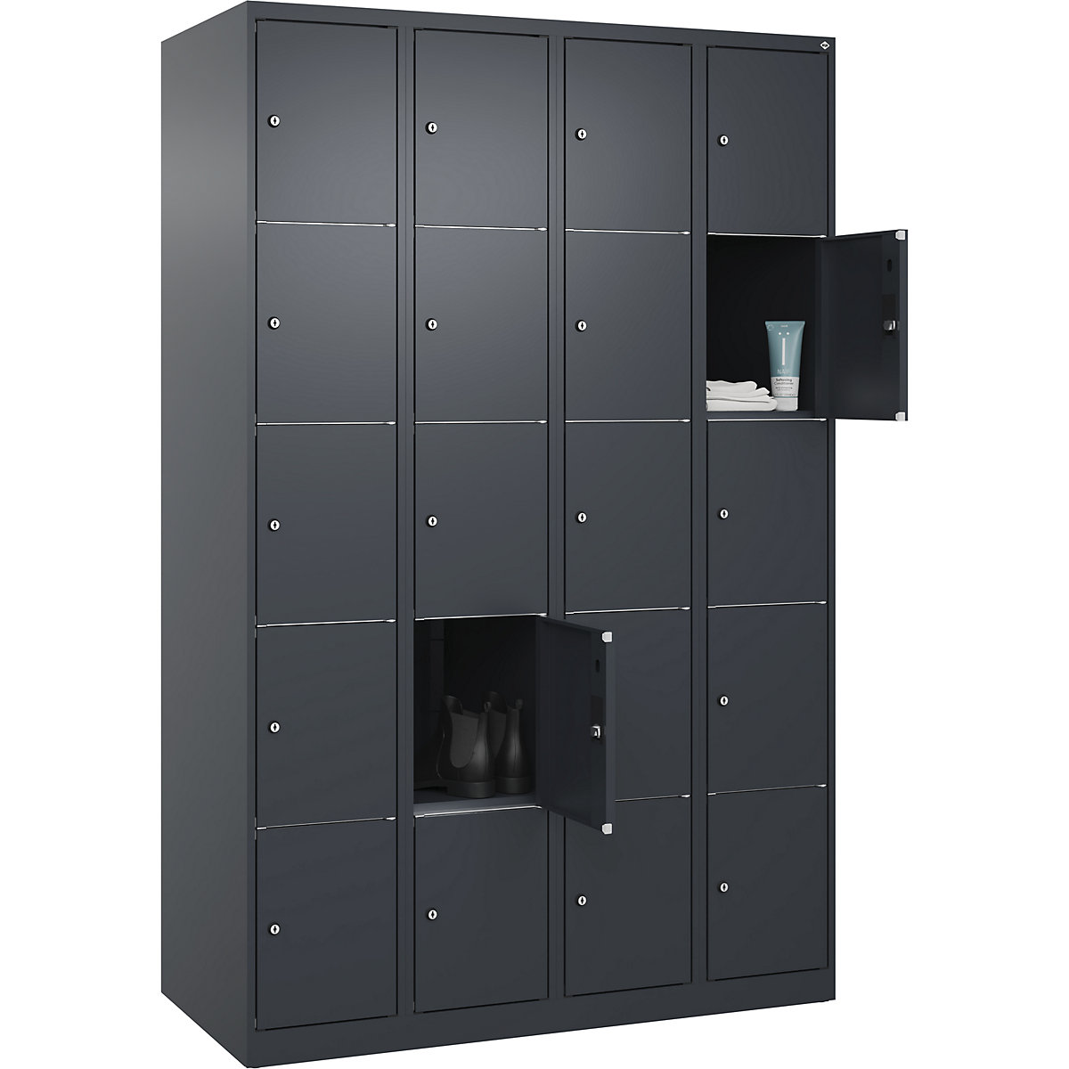 Armário de cacifos de 5 andares Classic PLUS – C+P, 4 compartimentos, cinzento, L 1200 mm, 20 compartimentos, com sapatas-0