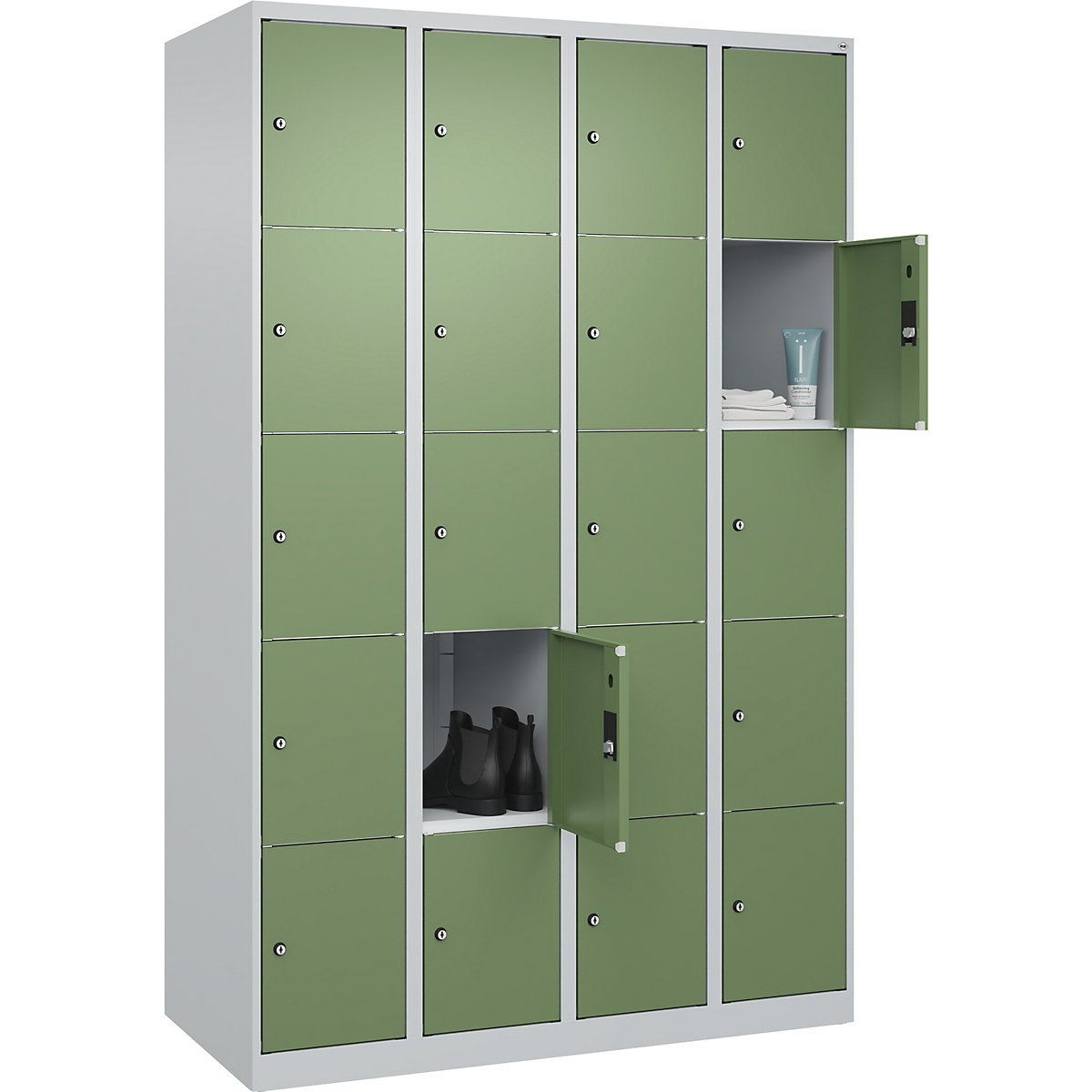 Armário de cacifos de 5 andares Classic PLUS – C+P, 4 compartimentos, cinzento claro/verde reseda, L 1200 mm, 20 compartimentos, com sapatas-0