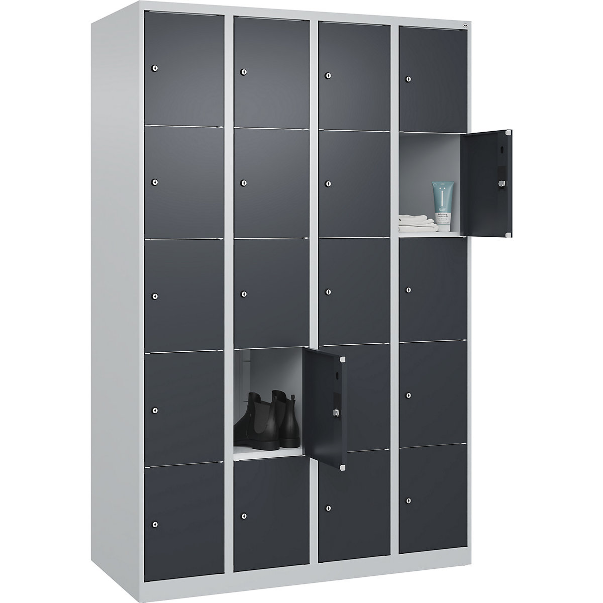 Armário de cacifos de 5 andares Classic PLUS – C+P, 4 compartimentos, cinzento claro/cinzento, L 1200 mm, 20 compartimentos, com sapatas-0