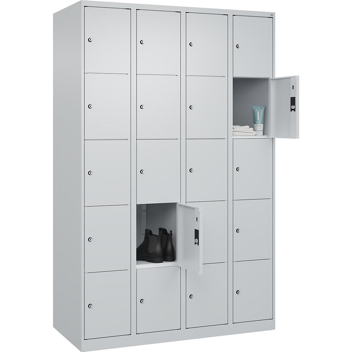 Armário de cacifos de 5 andares Classic PLUS – C+P, 4 compartimentos, cinzento claro, L 1200 mm, 20 compartimentos, com sapatas-0