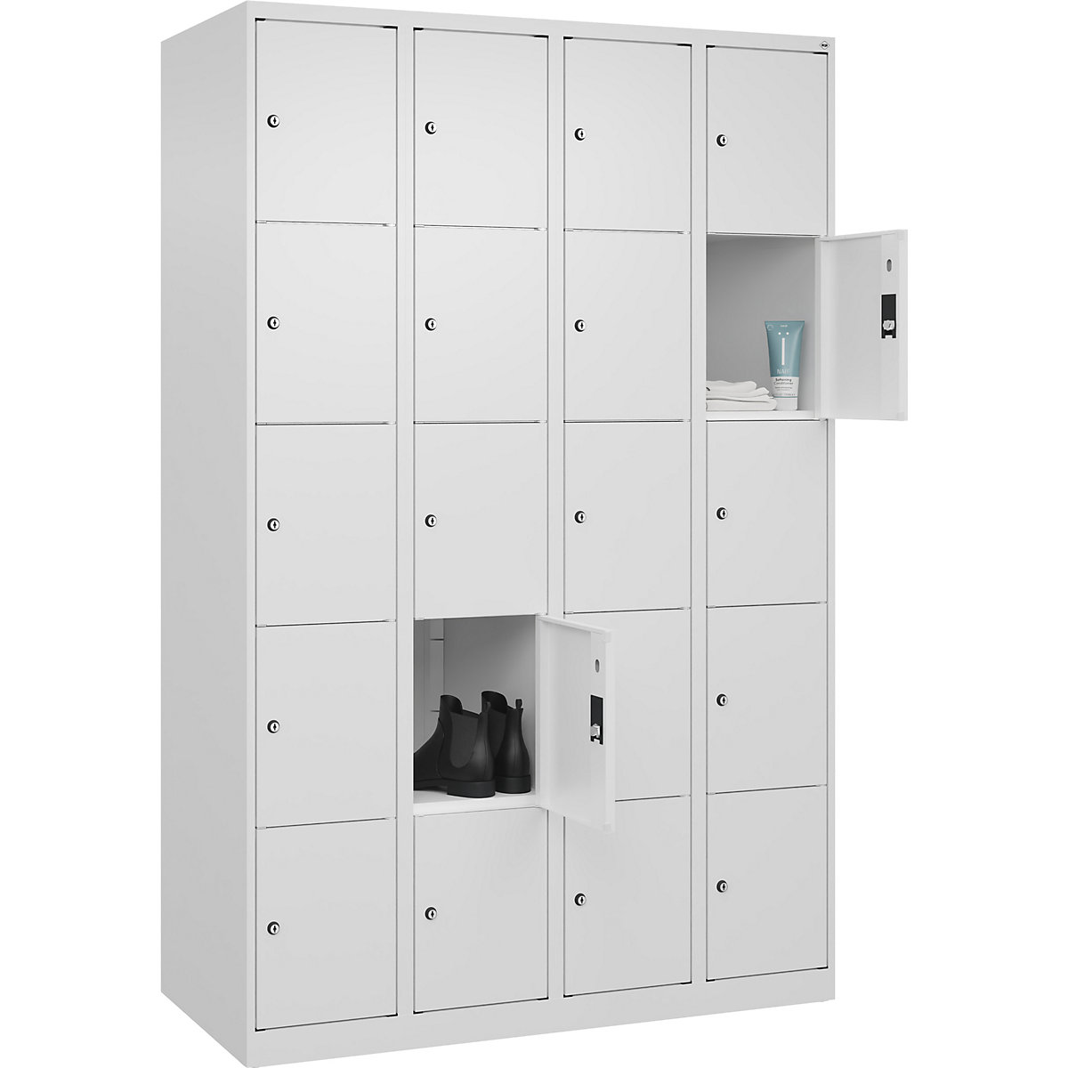 Armário de cacifos de 5 andares Classic PLUS – C+P, 4 compartimentos, branco trânsito, L 1200 mm, 20 compartimentos, com sapatas-0