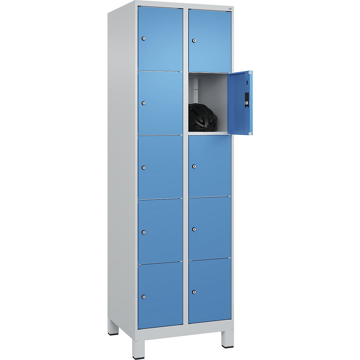 Armário de cacifos de 5 andares Classic PLUS – C+P, 2 compartimentos, cinzento claro/azul claro, L 600 mm, 10 compartimentos, com pés-0