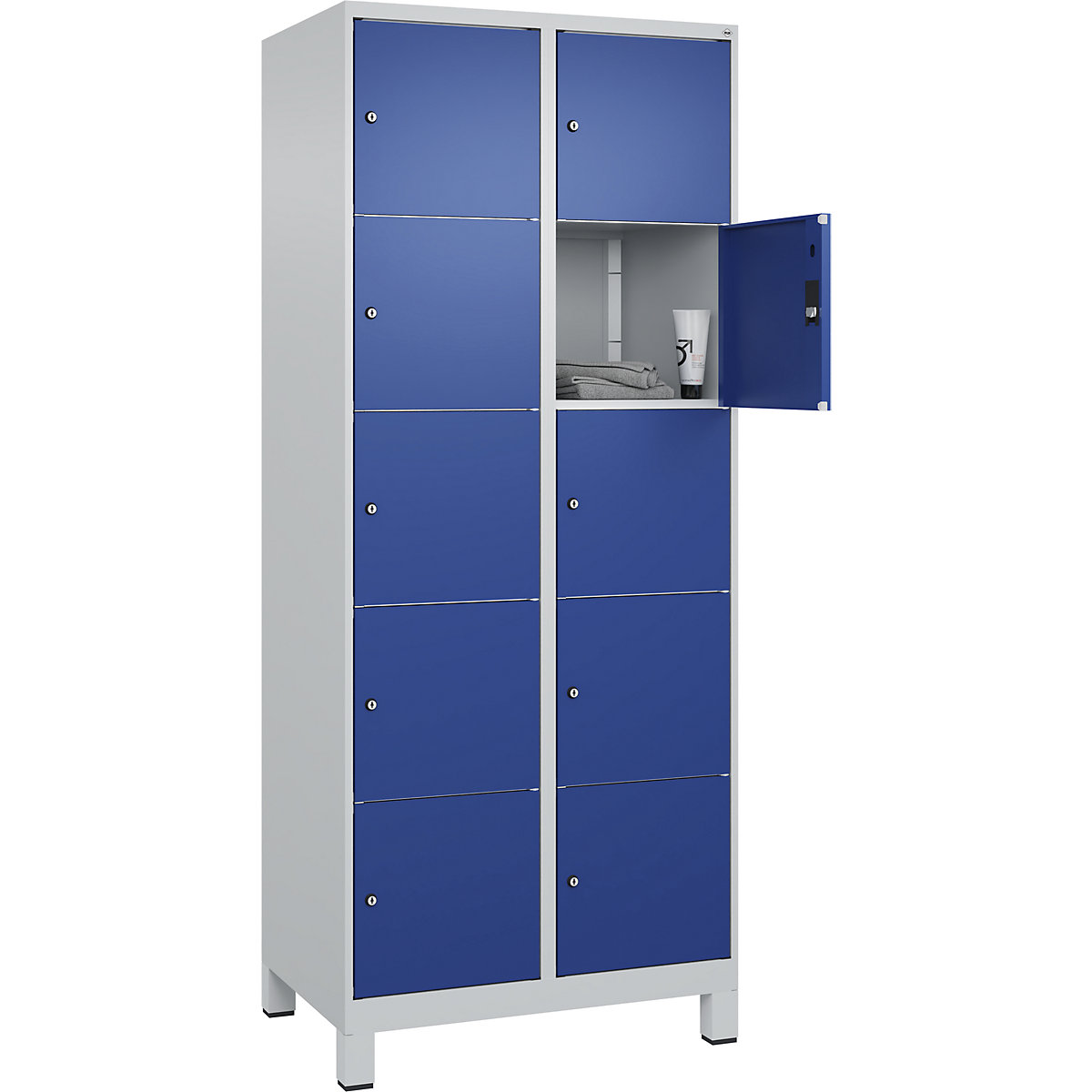 Armário de cacifos de 5 andares Classic PLUS – C+P, 2 compartimentos, cinzento claro/azul genciana, L 800 mm, 10 compartimentos, com pés-0
