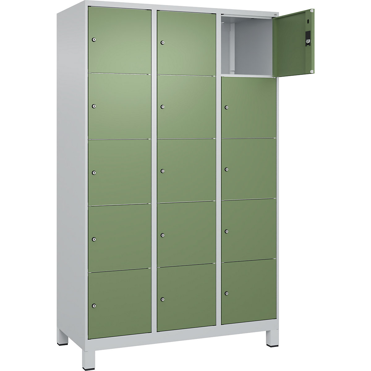 Armário de cacifos de 5 andares Classic PLUS – C+P, 3 compartimentos, cinzento claro/verde reseda, L 1200 mm, 15 compartimentos, com pés-0