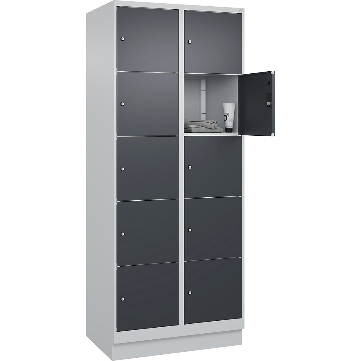 Armário de cacifos de 5 andares Classic PLUS – C+P, 2 compartimentos, cinzento claro/cinzento, L 800 mm, 10 compartimentos, com rodapé-0