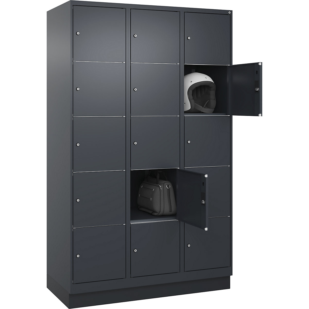 Armário de cacifos de 5 andares Classic PLUS – C+P, 3 compartimentos, cinzento, L 1200 mm, 15 compartimentos, com rodapé-0