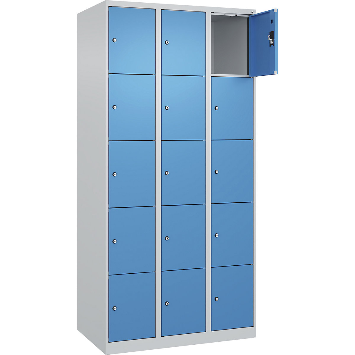 Armário de cacifos de 5 andares Evolo PLUS, 3 compartimentos, cinzento claro/azul claro, L 900 mm, 15 compartimentos, com sapatas, fechadura de cilindro-0