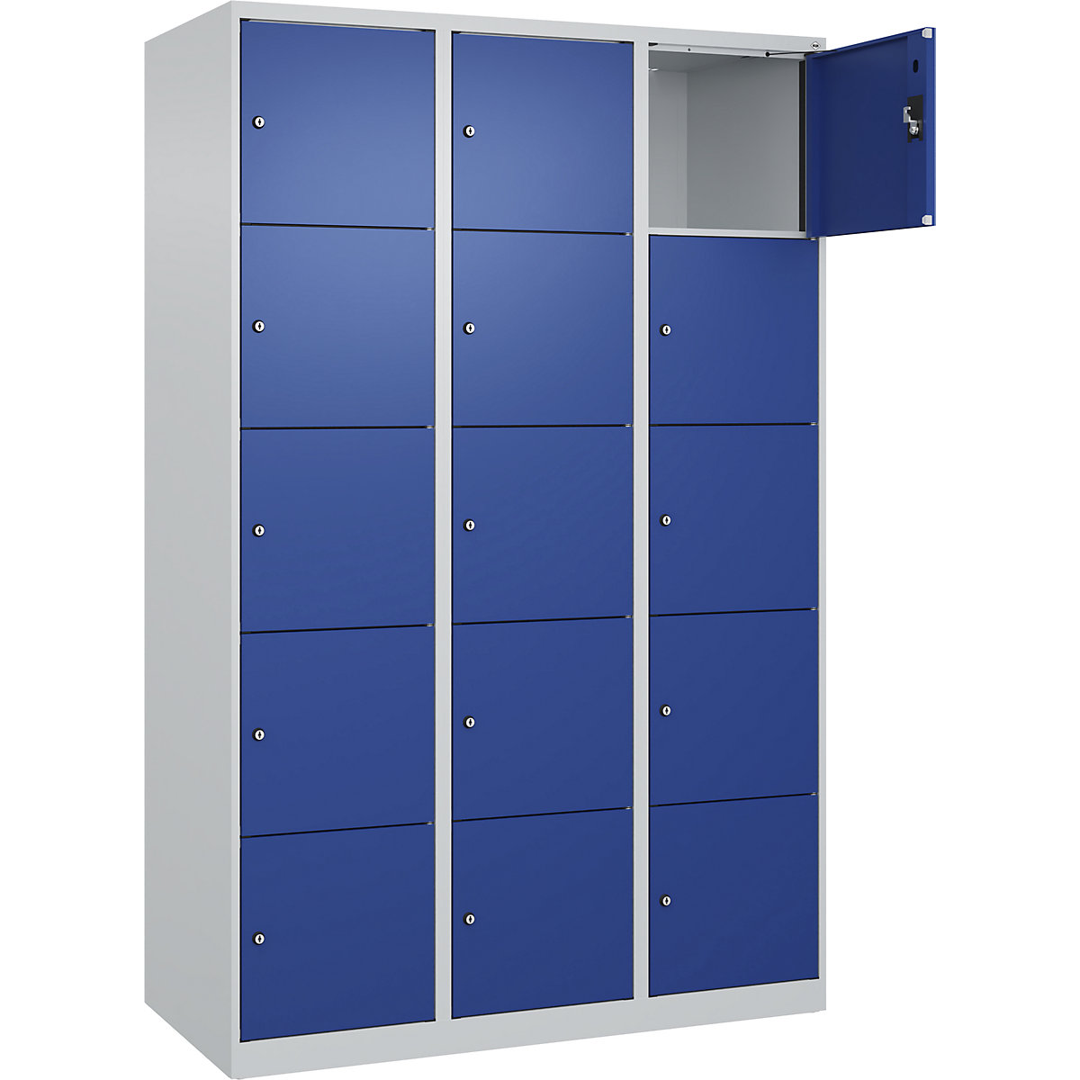 Armário de cacifos de 5 andares Evolo PLUS, 3 compartimentos, cinzento claro/azul genciana, L 1200 mm, 15 compartimentos, com sapatas, fechadura de cilindro-0