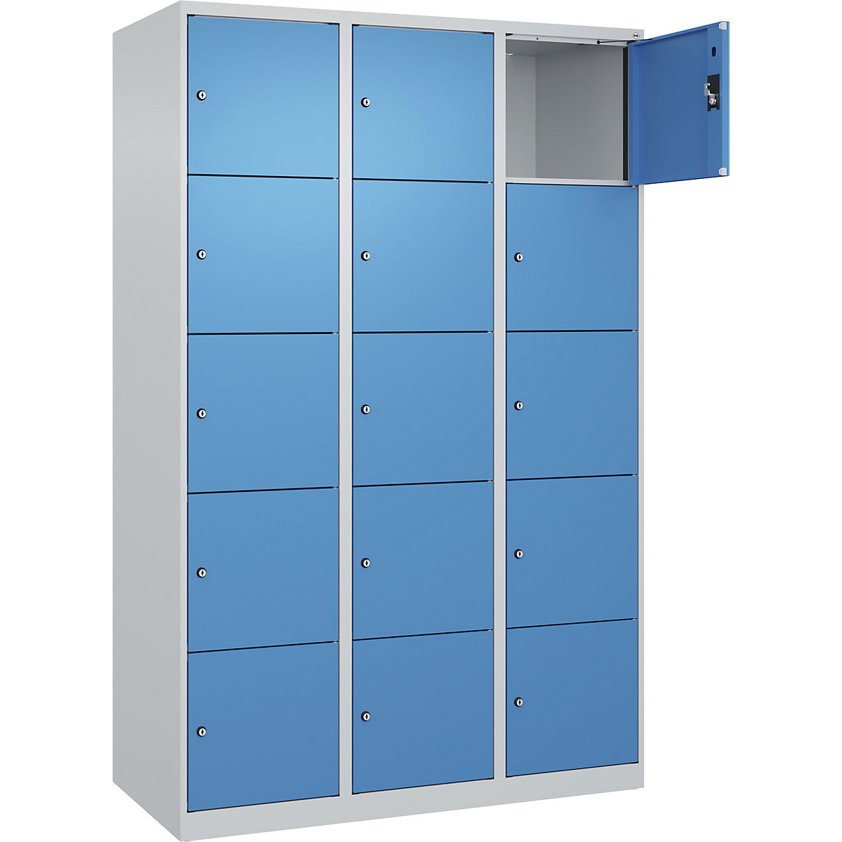 Armário de cacifos de 5 andares Evolo PLUS, 3 compartimentos, cinzento claro/azul claro, L 1200 mm, 15 compartimentos, com sapatas, fechadura de cilindro-0