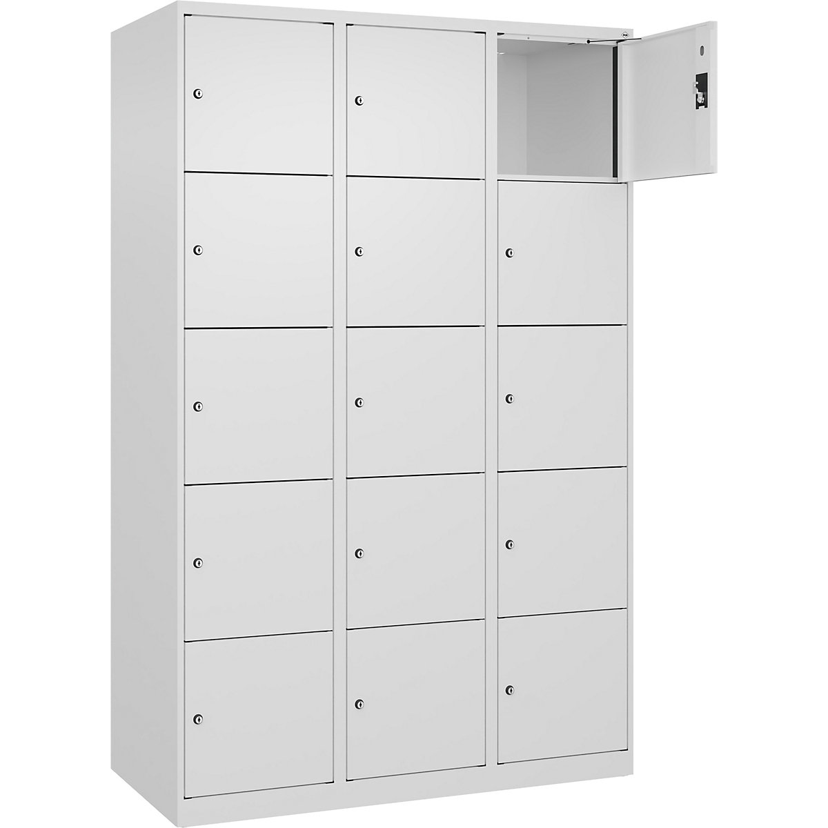 Armário de cacifos de 5 andares Evolo PLUS, 3 compartimentos, branco, L 1200 mm, 15 compartimentos, com sapatas, fechadura de cilindro-0