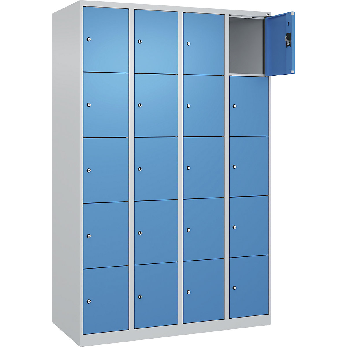 Armário de cacifos de 5 andares Evolo PLUS, 4 compartimentos, cinzento claro/azul claro, L 1200 mm, 20 compartimentos, com sapatas, fechadura de cilindro-0