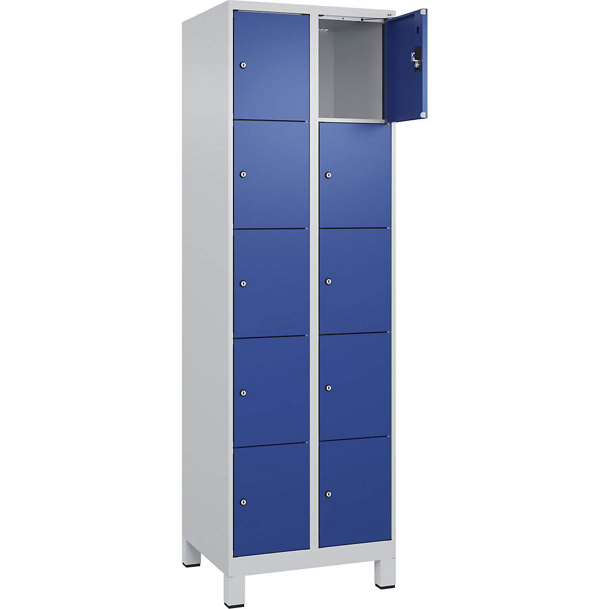 Armário de cacifos de 5 andares Evolo PLUS, 2 compartimentos, cinzento claro/azul genciana, L 600 mm, 10 compartimentos, com pés largos, fechadura de cilindro-0