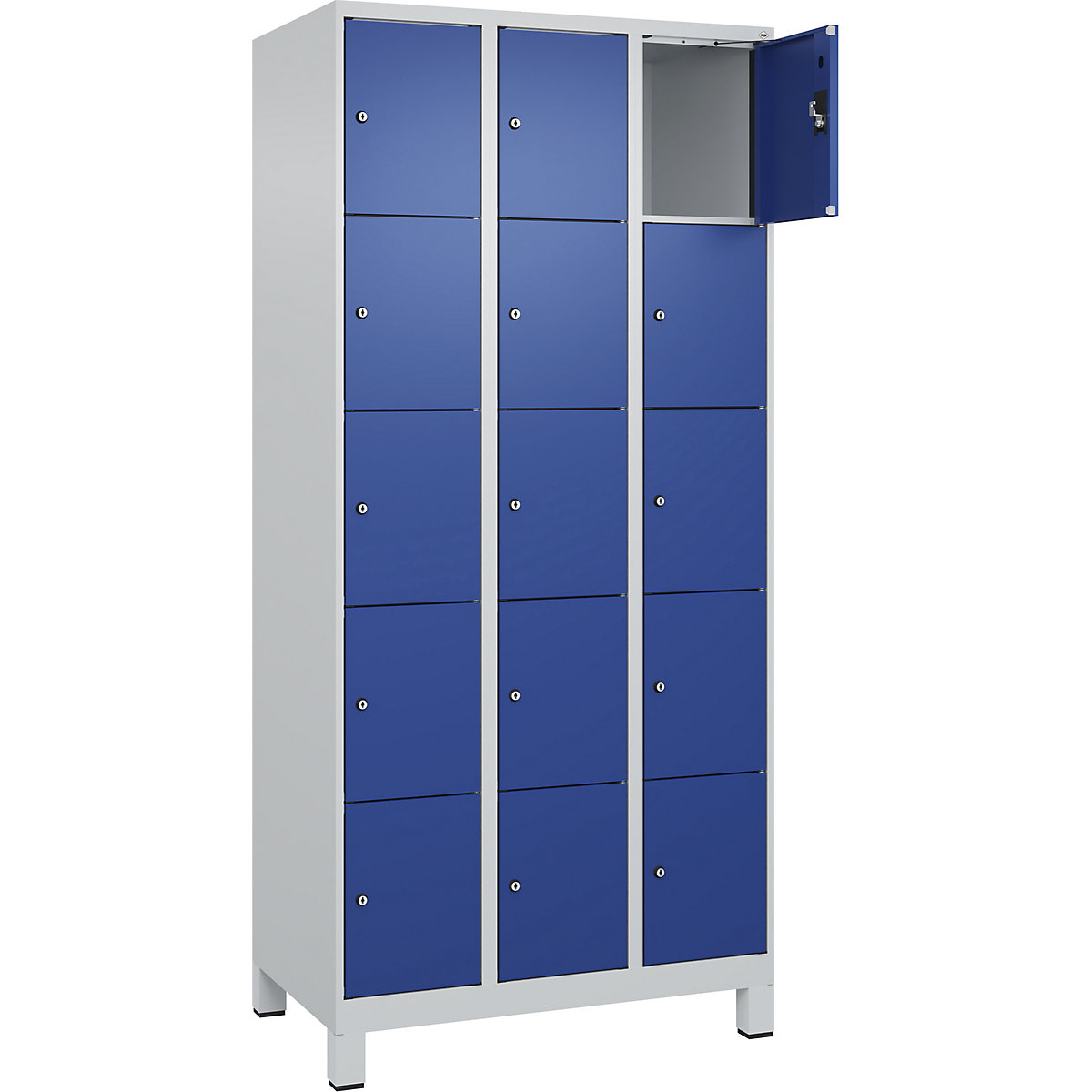 Armário de cacifos de 5 andares Evolo PLUS, 3 compartimentos, cinzento claro/azul genciana, L 900 mm, 15 compartimentos, com pés largos, fechadura de cilindro-0