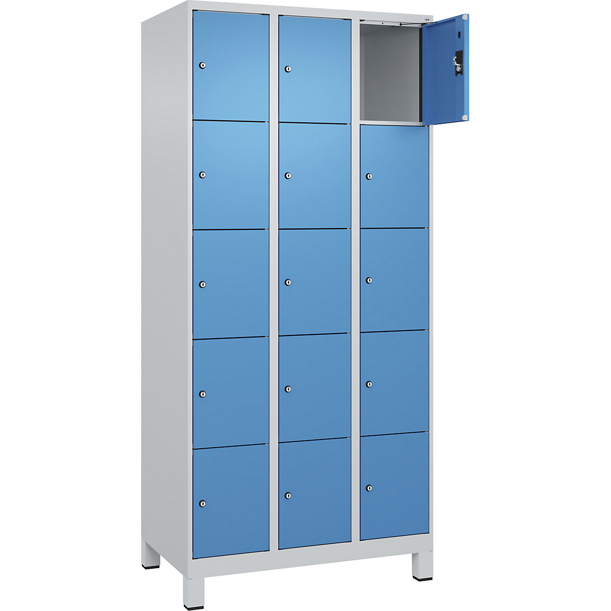 Armário de cacifos de 5 andares Evolo PLUS, 3 compartimentos, cinzento claro/azul claro, L 900 mm, 15 compartimentos, com pés largos, fechadura de cilindro-0