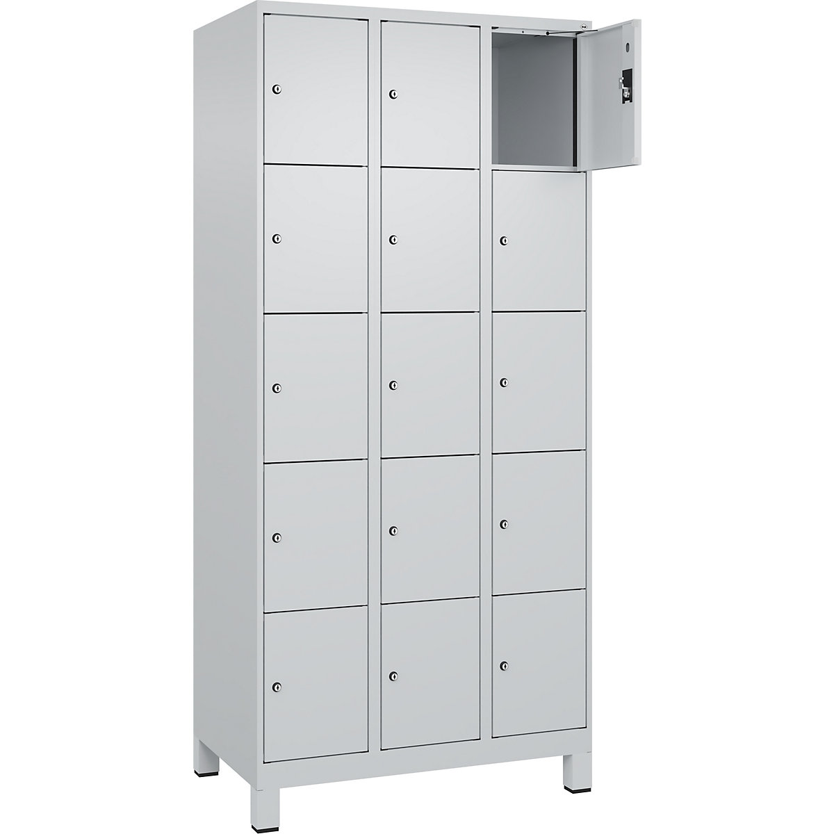 Armário de cacifos de 5 andares Evolo PLUS, 3 compartimentos, cinzento claro, L 900 mm, 15 compartimentos, com pés largos, fechadura de cilindro-0