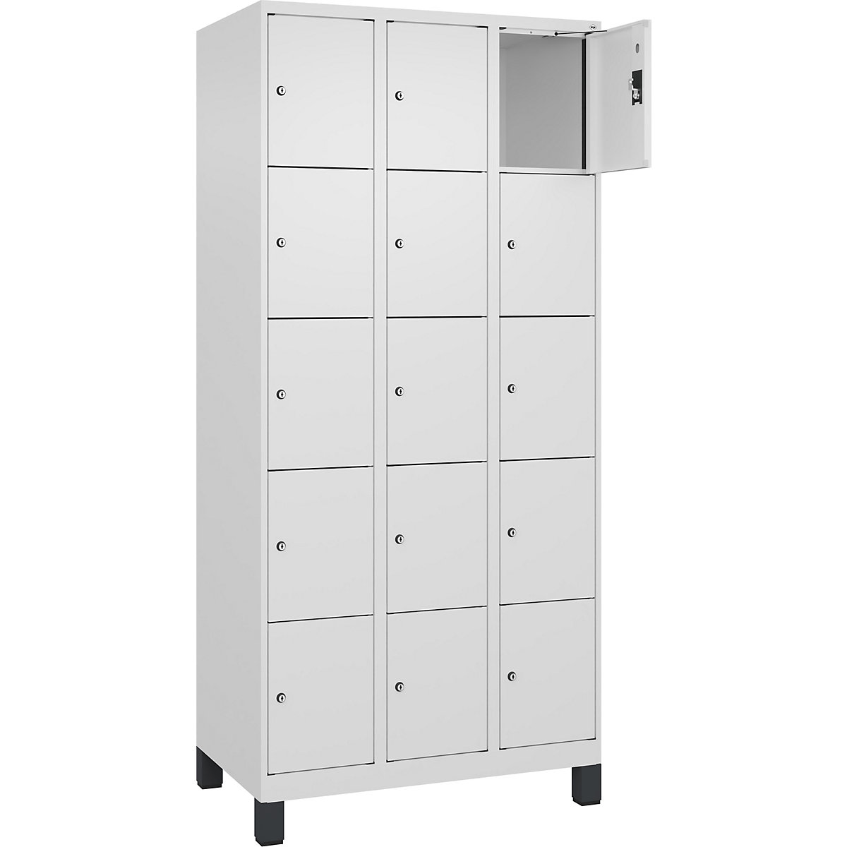 Armário de cacifos de 5 andares Evolo PLUS, 3 compartimentos, branco, L 900 mm, 15 compartimentos, com pés largos, fechadura de cilindro-0