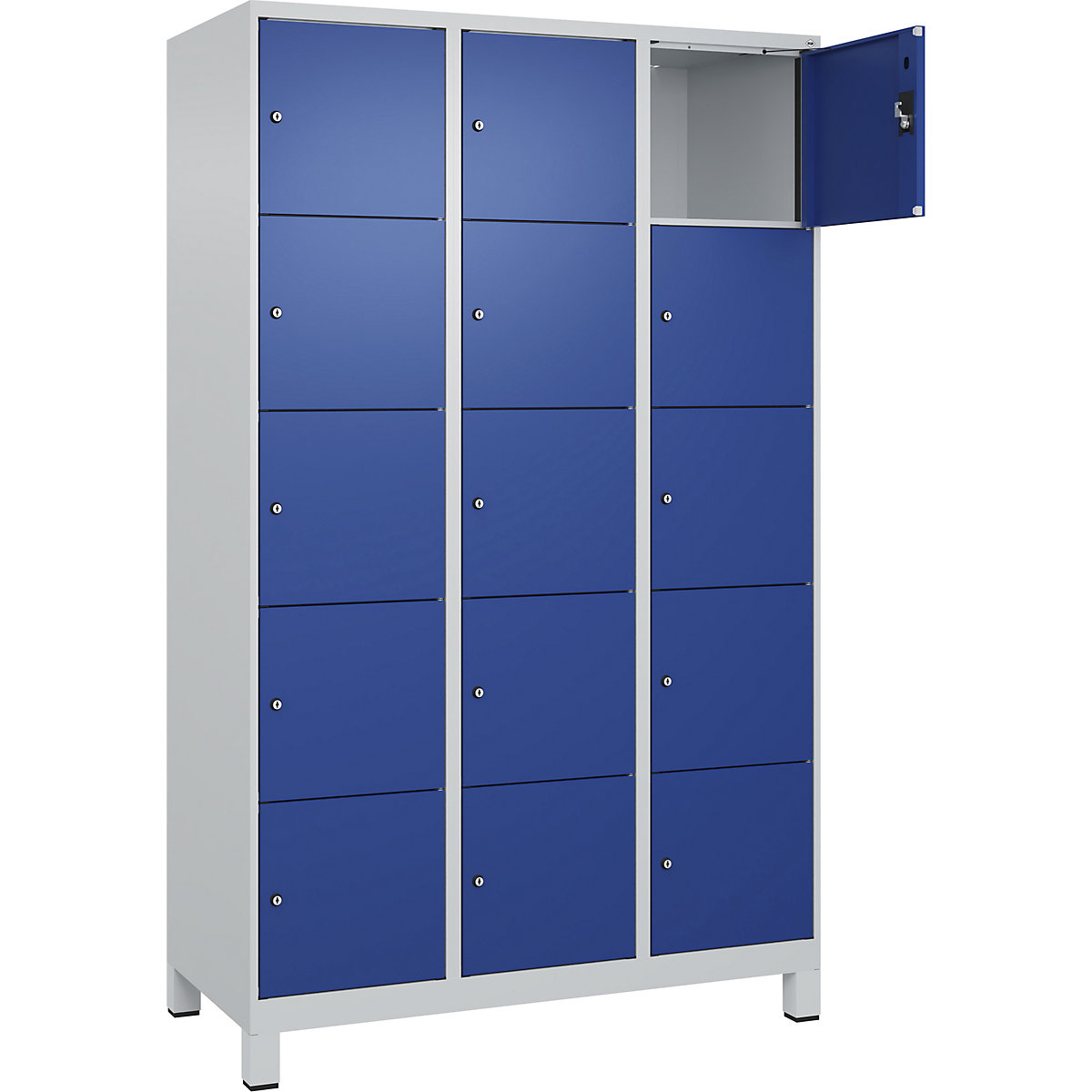 Armário de cacifos de 5 andares Evolo PLUS, 3 compartimentos, cinzento claro/azul genciana, L 1200 mm, 15 compartimentos, com pés largos, fechadura de cilindro-0