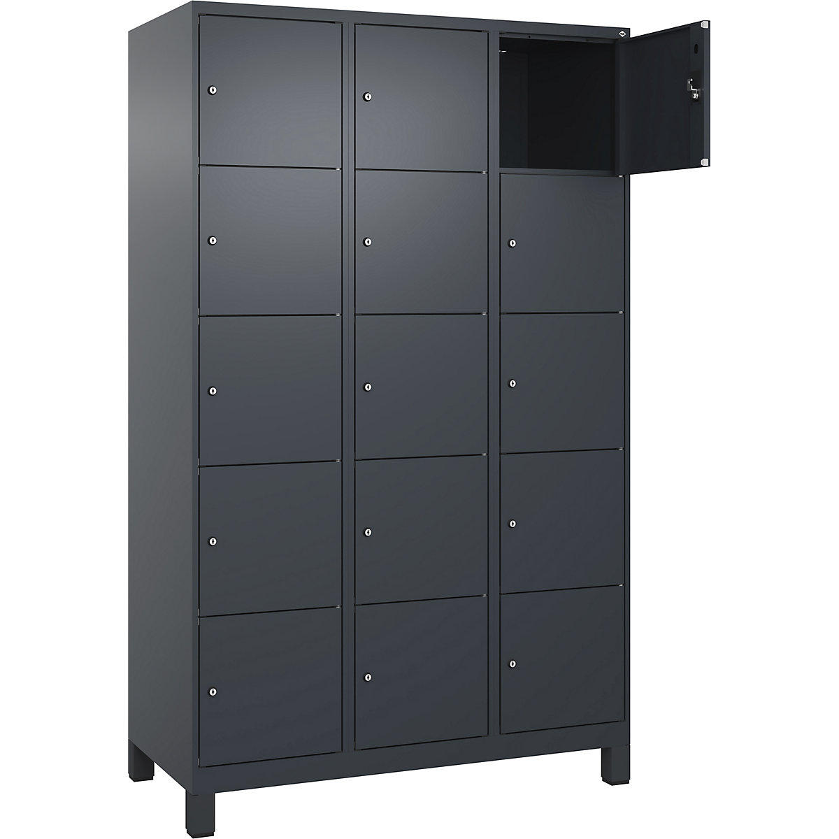 Armário de cacifos de 5 andares Evolo PLUS, 3 compartimentos, cinzento, L 1200 mm, 15 compartimentos, com pés largos, fechadura de cilindro-0