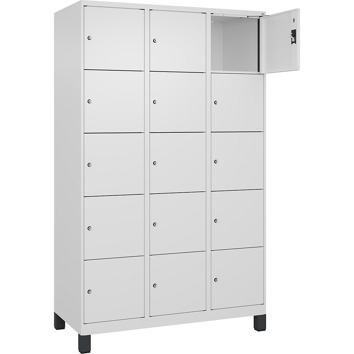 Armário de cacifos de 5 andares Evolo PLUS, 3 compartimentos, branco, L 1200 mm, 15 compartimentos, com pés largos, fechadura de cilindro-0