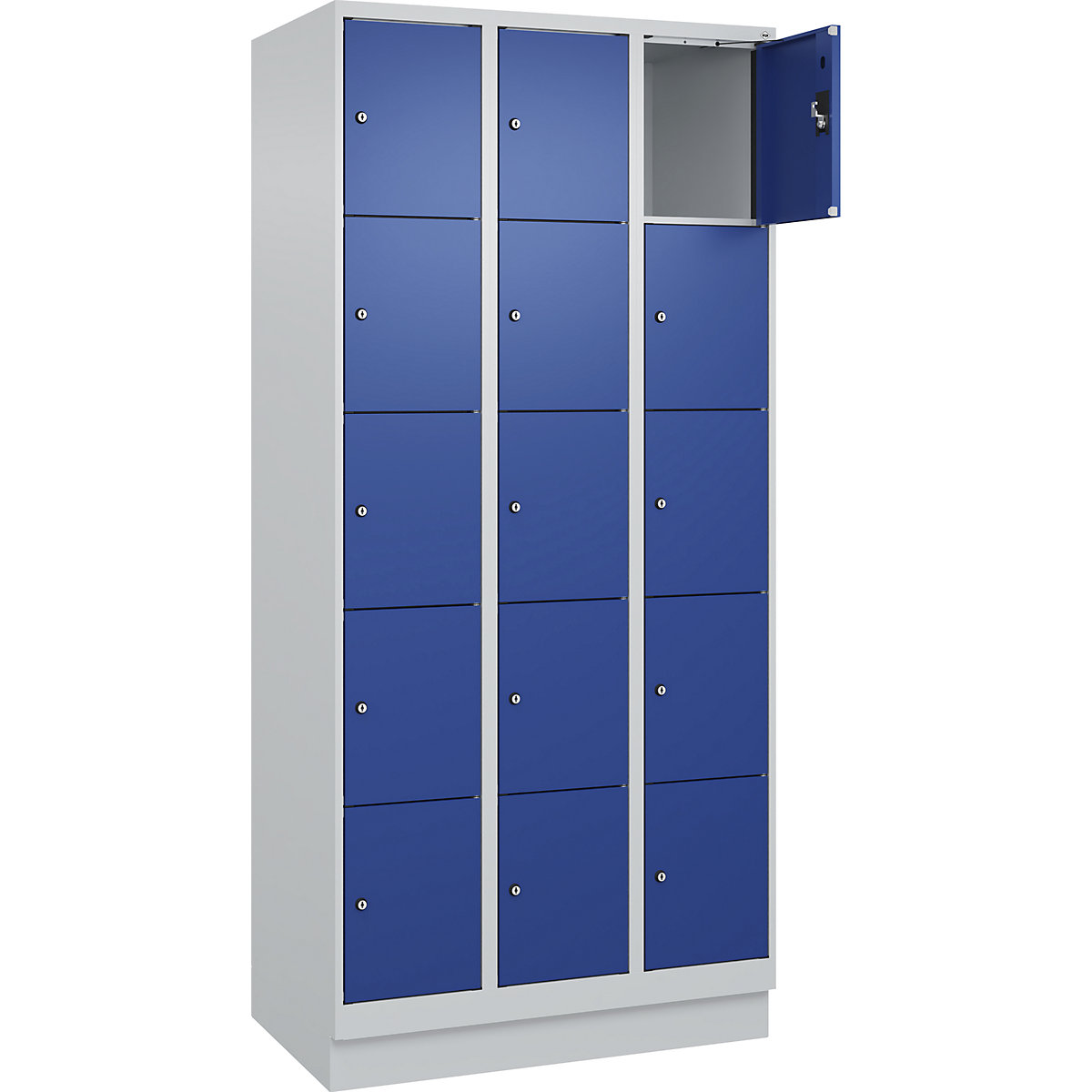 Armário de cacifos de 5 andares Evolo PLUS, 3 compartimentos, cinzento claro/azul genciana, L 900 mm, 15 compartimentos, com rodapé, fechadura de cilindro-0