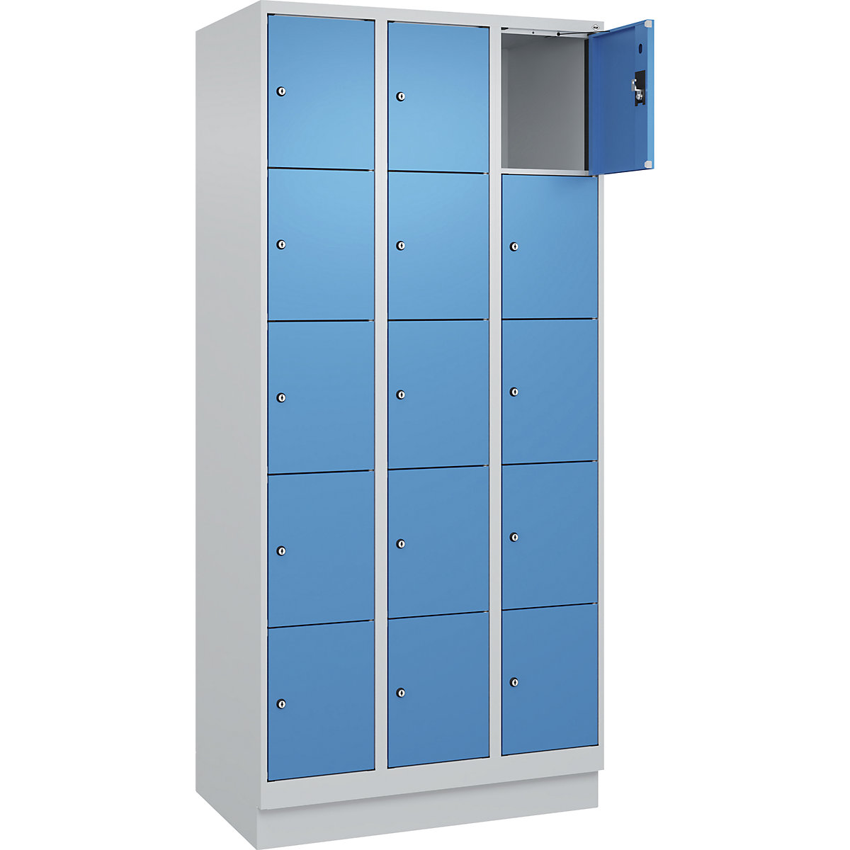 Armário de cacifos de 5 andares Evolo PLUS, 3 compartimentos, cinzento claro/azul claro, L 900 mm, 15 compartimentos, com rodapé, fechadura de cilindro-0