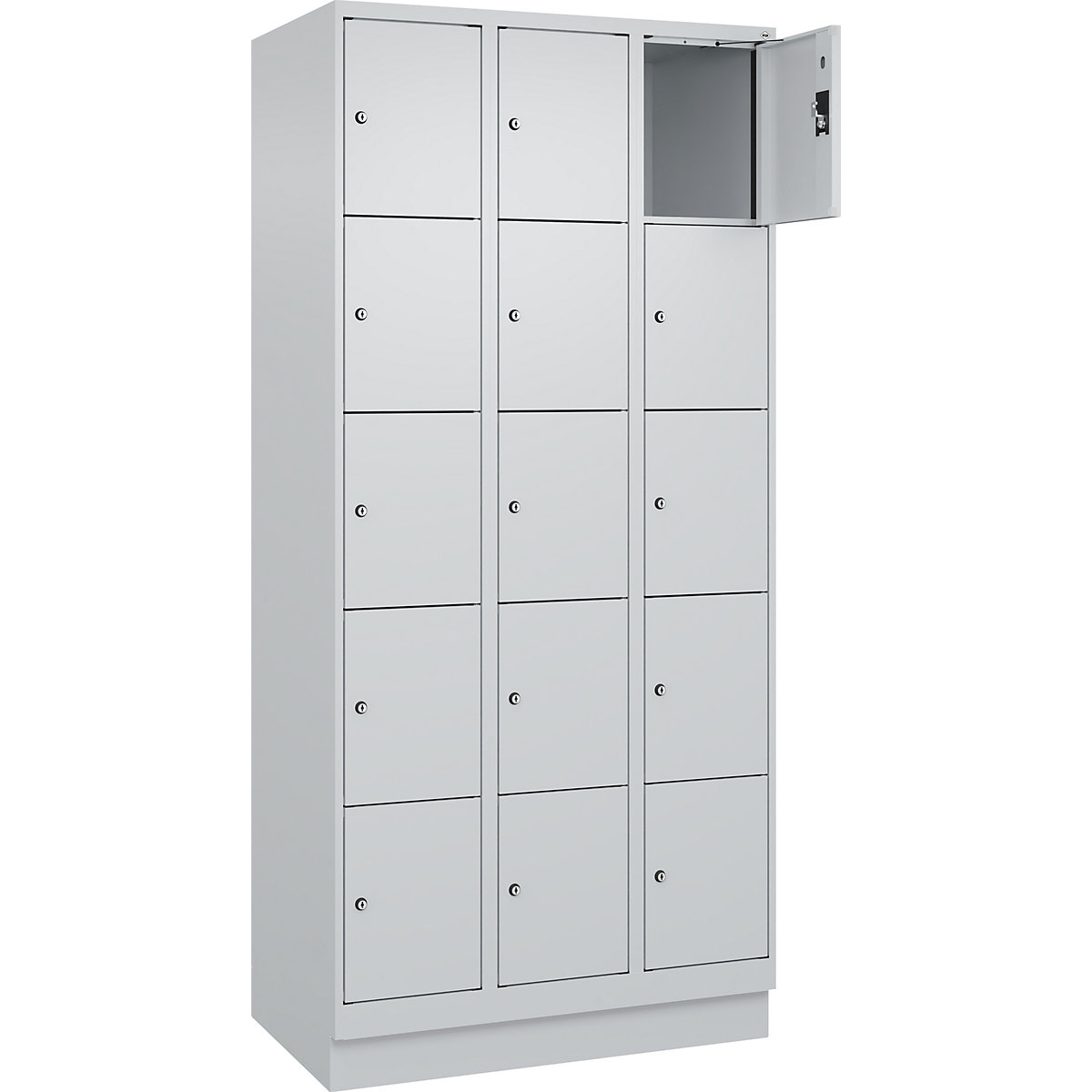 Armário de cacifos de 5 andares Evolo PLUS, 3 compartimentos, cinzento claro, L 900 mm, 15 compartimentos, com rodapé, fechadura de cilindro-0