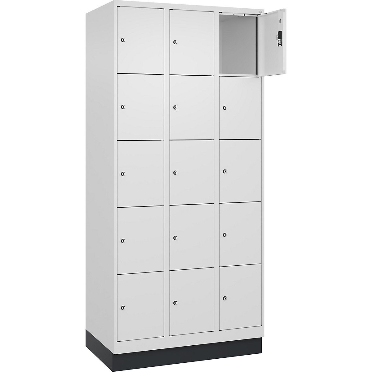 Armário de cacifos de 5 andares Evolo PLUS, 3 compartimentos, branco, L 900 mm, 15 compartimentos, com rodapé, fechadura de cilindro-0