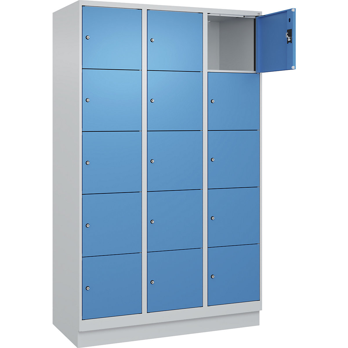 Armário de cacifos de 5 andares Evolo PLUS, 3 compartimentos, cinzento claro/azul claro, L 1200 mm, 15 compartimentos, com rodapé, fechadura de cilindro-0