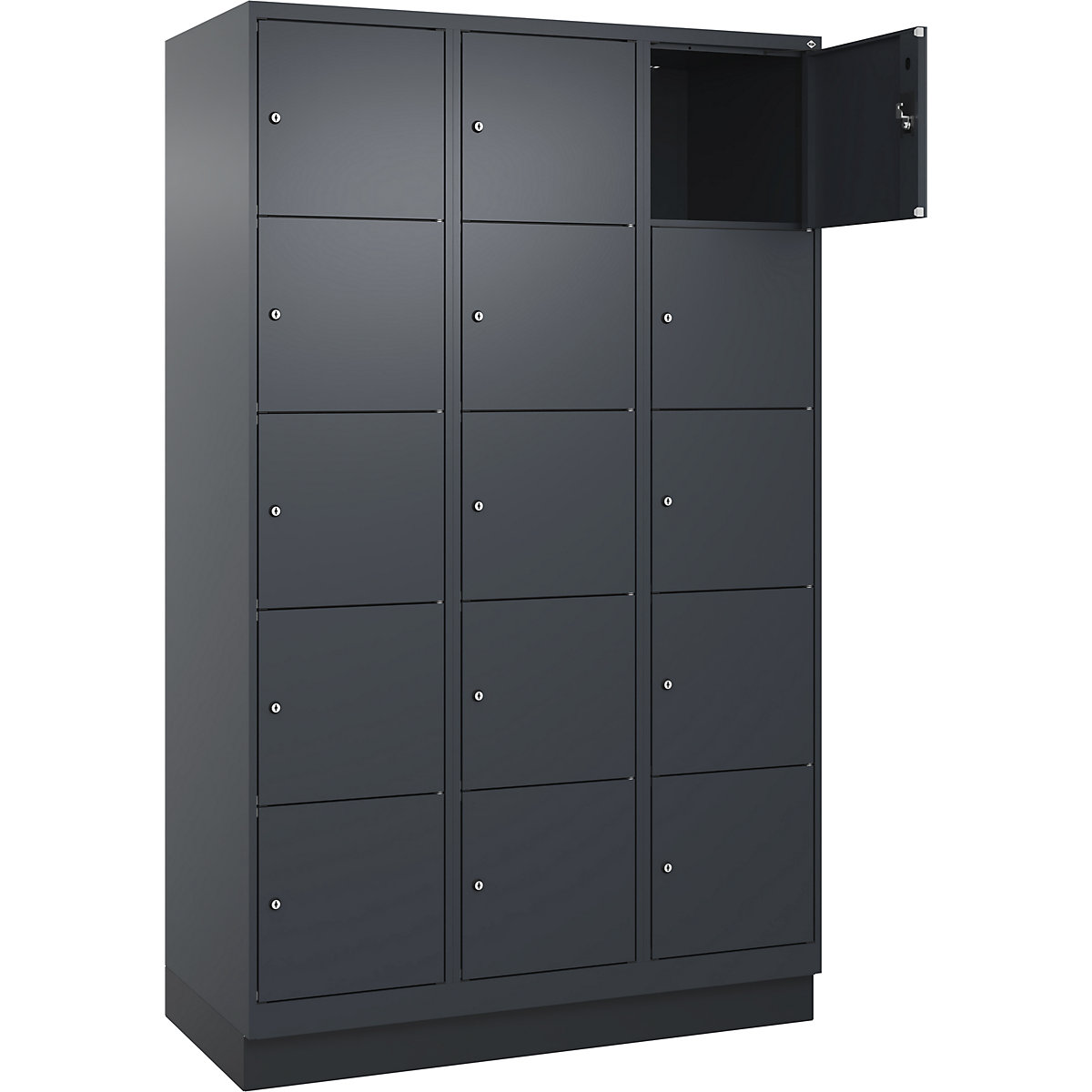 Armário de cacifos de 5 andares Evolo PLUS, 3 compartimentos, cinzento, L 1200 mm, 15 compartimentos, com rodapé, fechadura de cilindro-0