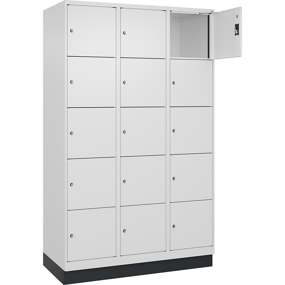 Armário de cacifos de 5 andares Evolo PLUS, 3 compartimentos, branco, L 1200 mm, 15 compartimentos, com rodapé, fechadura de cilindro-0