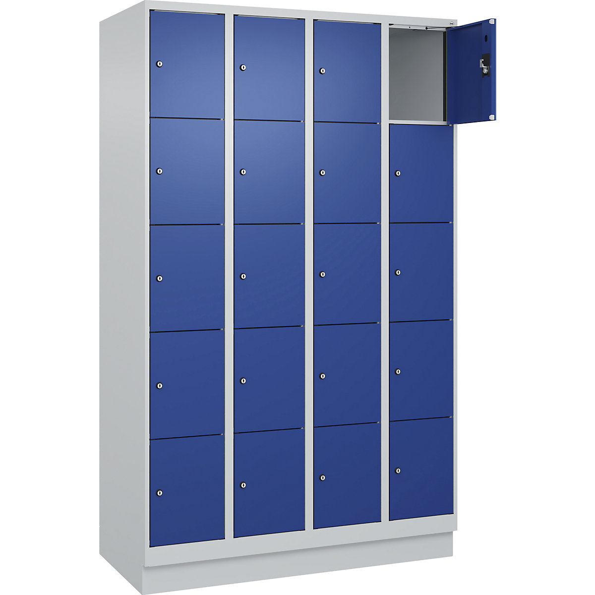 Armário de cacifos de 5 andares Evolo PLUS, 4 compartimentos, cinzento claro/azul genciana, L 1200 mm, 20 compartimentos, com rodapé, fechadura de cilindro-0