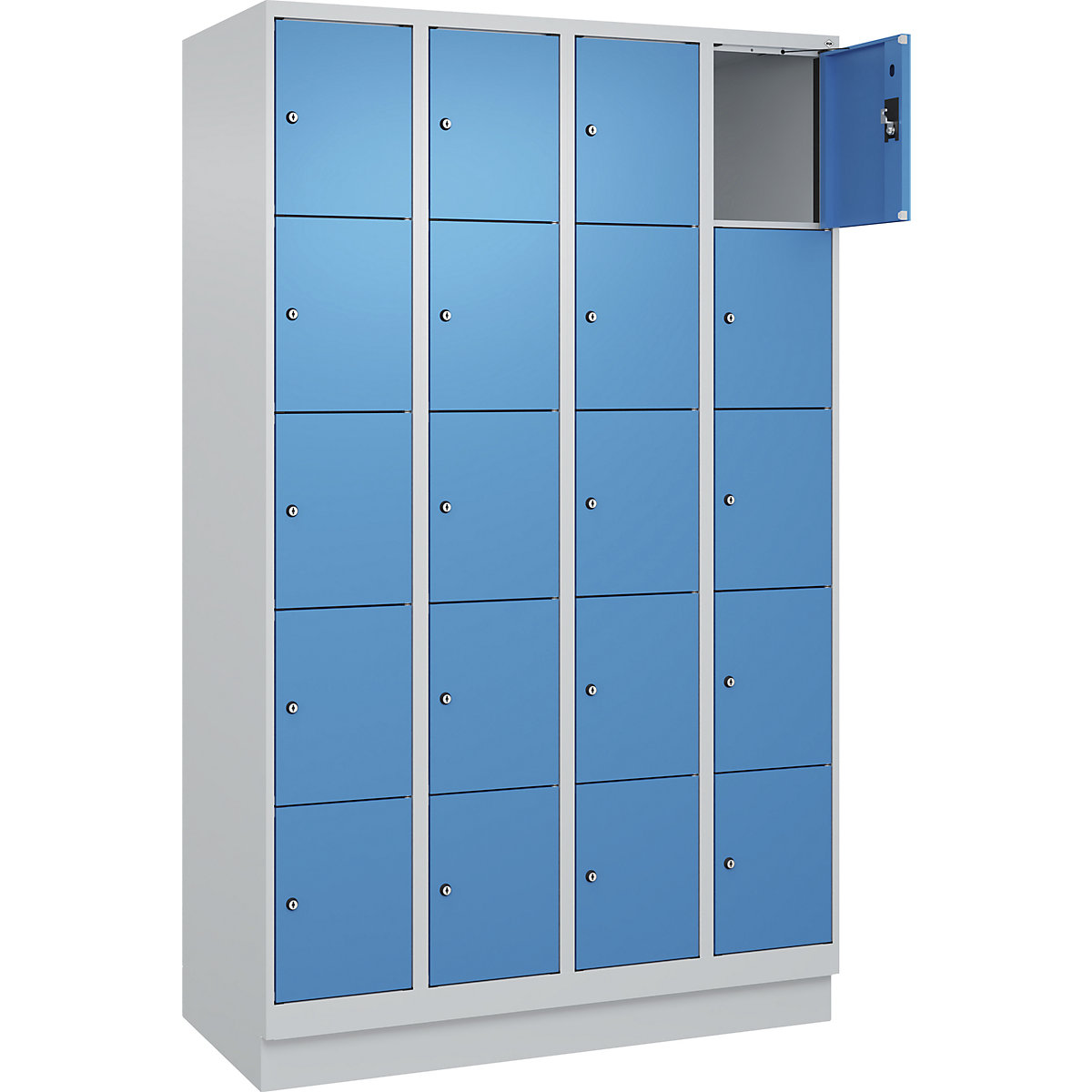 Armário de cacifos de 5 andares Evolo PLUS, 4 compartimentos, cinzento claro/azul claro, L 1200 mm, 20 compartimentos, com rodapé, fechadura de cilindro-0