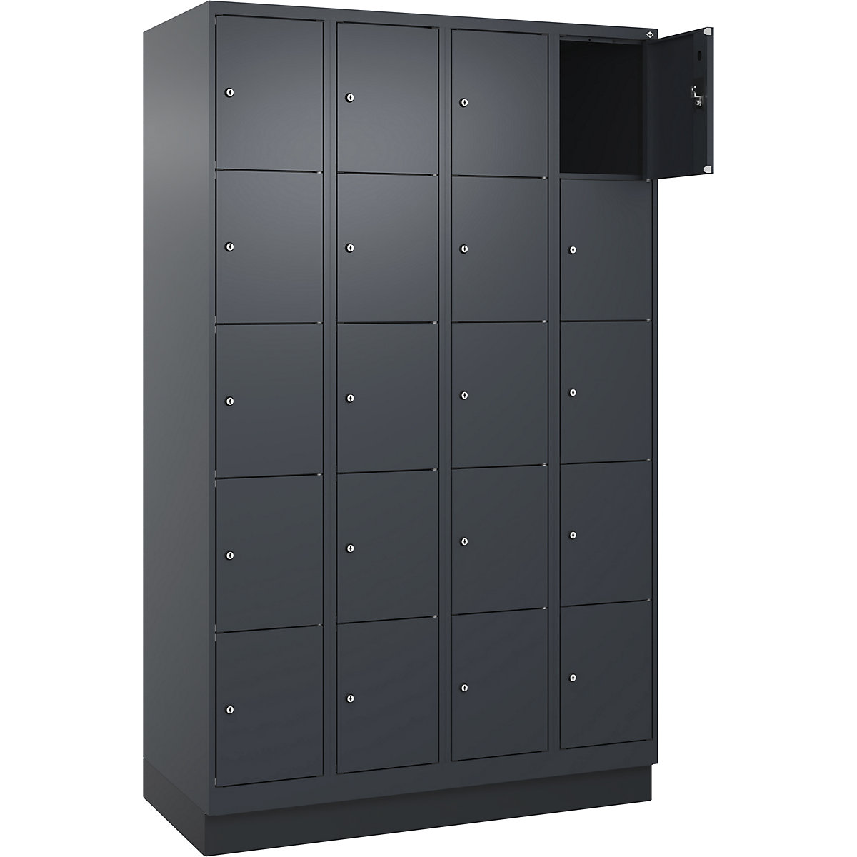 Armário de cacifos de 5 andares Evolo PLUS, 4 compartimentos, cinzento, L 1200 mm, 20 compartimentos, com rodapé, fechadura de cilindro-0
