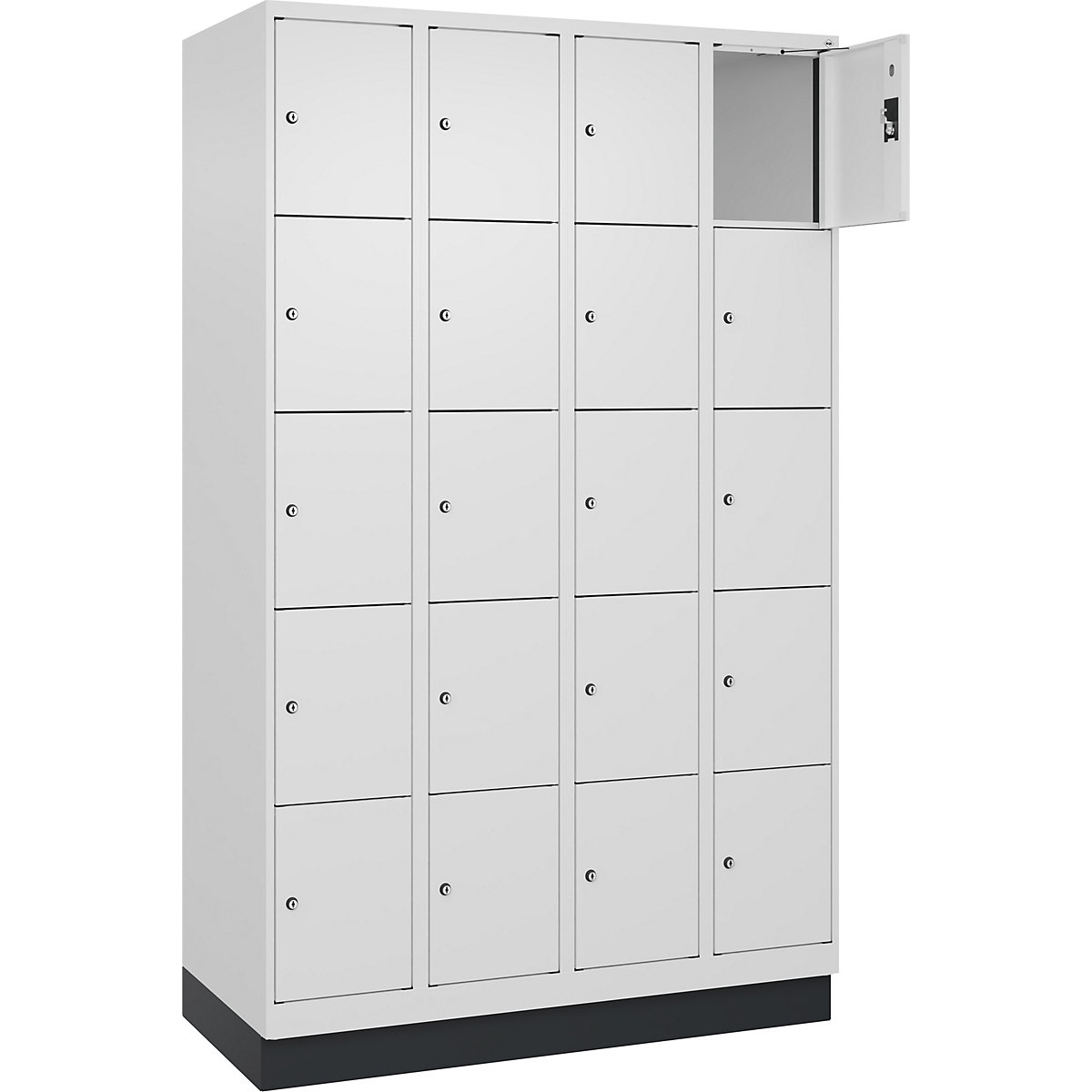 Armário de cacifos de 5 andares Evolo PLUS, 4 compartimentos, branco, L 1200 mm, 20 compartimentos, com rodapé, fechadura de cilindro-0